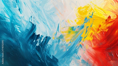 Abstract background of blue, yellow and red paint splashes on white paper