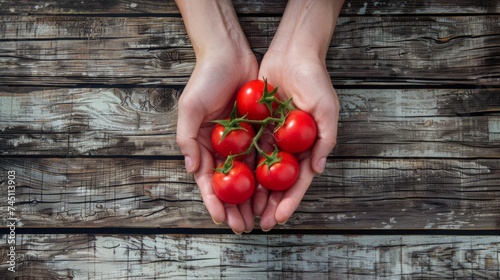 Fresh tomatoes in hands on a wooden background. Harvesting tomatoes. Top view