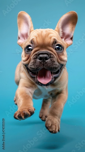 Small Brown french bulldog Running Across Blue Background