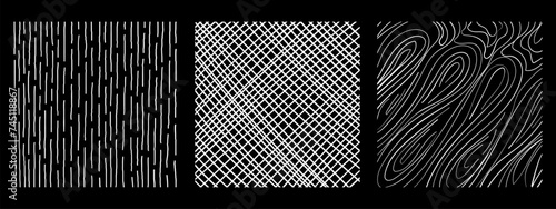 Graphic vector freehand textures set with different hand drawn squares patterns. Pencil lines on black background.