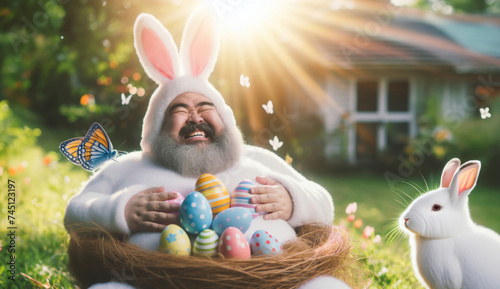 happy and funny bunnyman with easter eggs