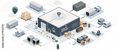 an isometric illustration of a smart warehouse management system with emphasis on inventory control. with IoT devices.