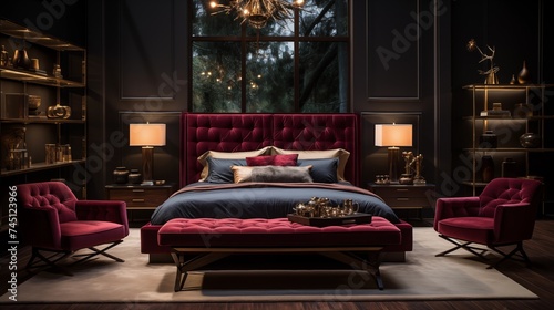 An opulent bedroom with light champagne bedding and rich merlot accent wall
