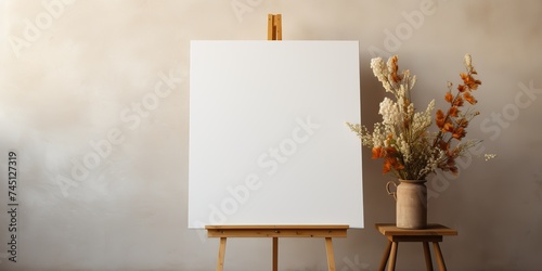 blank white mockup of a white canvas on an easel as a welcome sign at a wedding with many plants flowers view