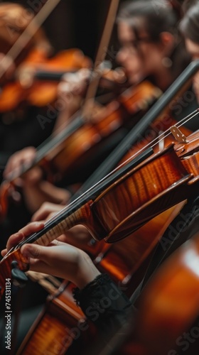 A group of individuals, holding violins, playing music in unison. Each persons focus is on their instrument, creating a harmonious and melodious performance.