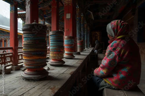 A Tibetan Buddhist spinning prayer wheels in a mountain monastery, symbolizing the continuous flow of prayers.