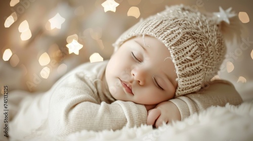 A peaceful baby sleeping in a soft knit hat, surrounded by warm bokeh lights, symbolizing innocence and the warmth of childhood. Perfect for concepts related to parenting and childhood memories.