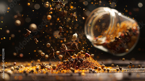 Photography of a frozen shot of a spice jar spill with spices suspended in air studio light