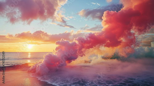 Sunset on the beach with color smoke blending into the sky a dreamlike fusion of natural and artificial beauty