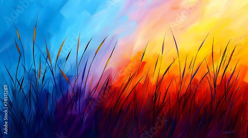 Sun-kissed blades of grass sway gently against a canvas of abstract colors, evoking the vibrant essence of a summer morning