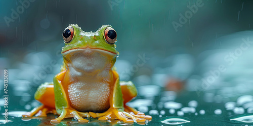Green frog sitting in a puddle. Leap day, one extra day 29 February