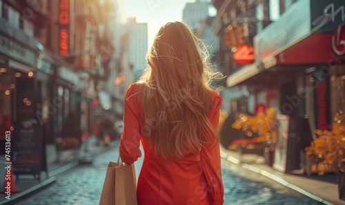 A beautiful young woman wearing a red slim dress and holding shopping bags is walking in the streets of New York