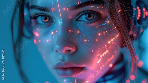 Na zdjęciu ukazuje się twarz kobiety otoczona świetlistymi punktami z cyberpunkowego świata przyszłości