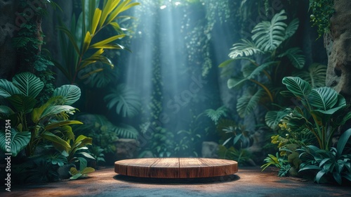 Drewniana platforma znajdująca się w dżungli, otoczona gęstą roślinnością.