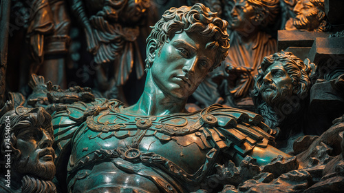Bronze Sculpture of Greek Warrior King with Verdigris Patina in Dramatic Lighting