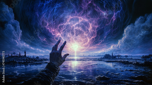 Majestic Twilight Vortex: A Hand Reaching for Cosmic Enlightenment over Surreal Landscape