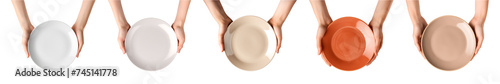 Collection of hand holds empty plate on transparent background, top view