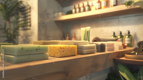 A corner shelf in a spa locker room, featuring a range of soothing soap bars and refreshing shampoo options.