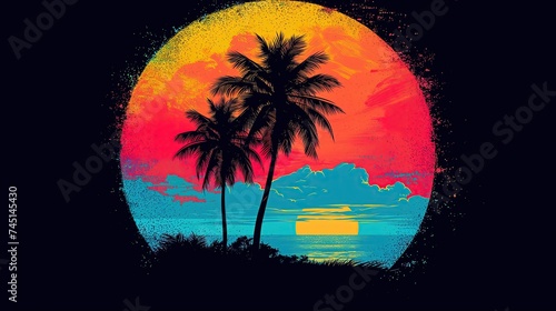 Projekt na koszulkę z tłem retro o zachodzie słońca i palmami