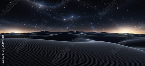 In the vast expanse of the desert, sand dunes rise and fall beneath the twinkling stars, painting a picture of serenity against the backdrop of the clear night sky.