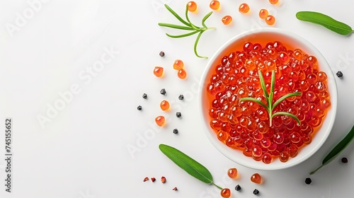 A bowl of red salmon caviar with a studio white backdrop with a big space for text or product, Generative AI.