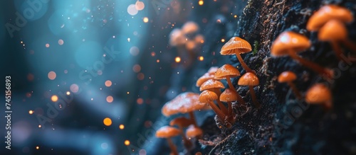 A group of vibrant orange mushrooms sprouting from the bark of a tree in a forest setting. The fungi appear to be Lamellar mushrooms, known for their distinctive gills and unique coloration.