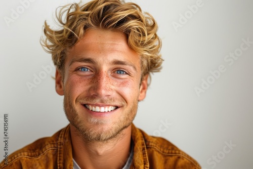 On a white backdrop, a happy young blond male with blue eyes. Ai generative