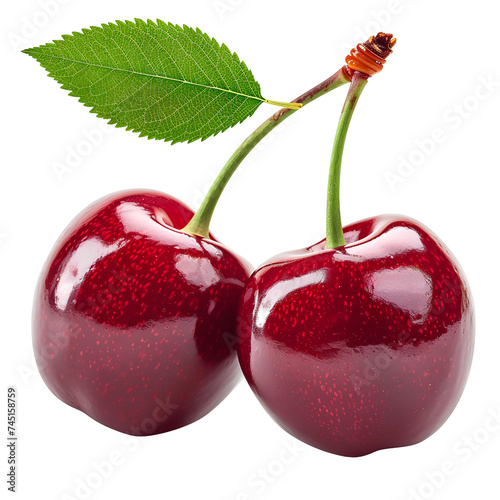 Red cherry with stem PNG. Red cherries PNG. Wild red cherry isolated. Cherry with a steam and a leaf PNG