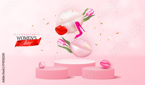 Happy women's day vector background with podiums for display sale product. Illustration with lips and mouth balloons. Female holiday design with heels and tulip flowers. 