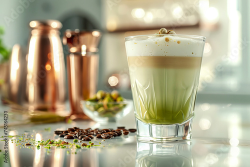 Close-up of a delicious layered pistachio latte with scattered coffee beans and pistachios on a reflective surface