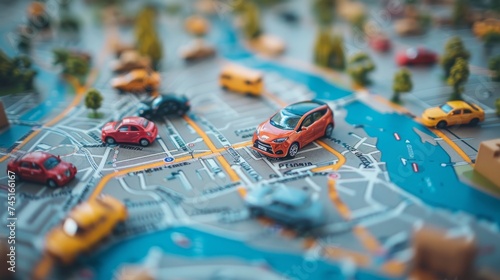 Red toy car positioned on a colorful, detailed city map, representing navigation or travel planning.