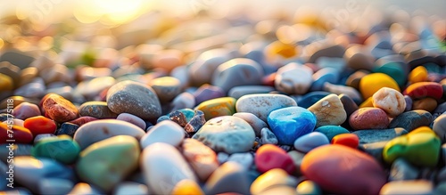 A detailed view showcasing a variety of colorful rocks and pebbles scattered across the Adriatic Sea shore. The rocks are in sharp focus, displaying their unique textures and shades in the natural
