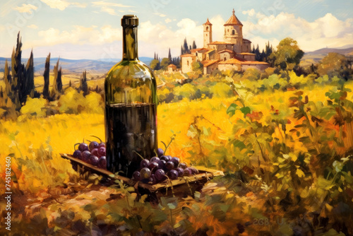 ssence of tranquility with this rustic vineyard scene featuring a wine bottle and fresh grapes
