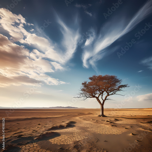 Lone tree in a vast desert landscape. 