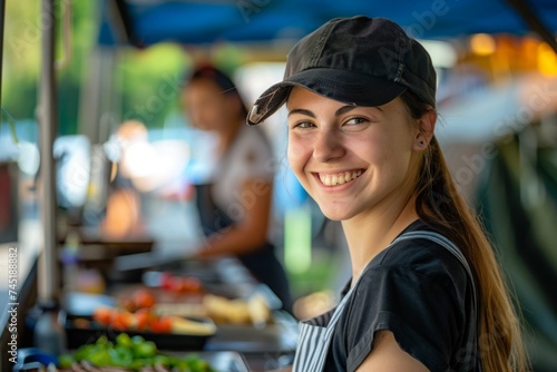 Portrait of a young woman at a food market stall, radiating friendliness and community spirit in a local business setting 