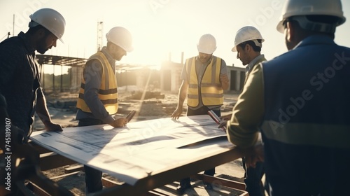 Group of construction workers analyzing blueprint. Suitable for construction industry projects