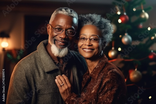 smiling couple against a twinkling Christmas backdrop, exuding warmth and love.