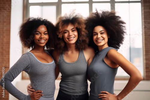 Three joyful women with fabulous afros radiate confidence and sisterhood in a sunlit room
