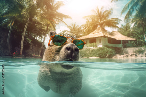 Cute capybara swims in a pool with turquoise water. Funny rodent on the background of palm
