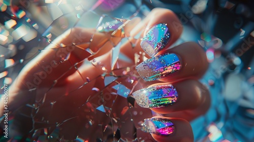 Vibrant Holographic Futuristic Cracked and Glitched Nail Art Closeup 