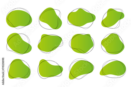 Abstract organic liquid amoeba blob shapes vector collection isolated on white background. Green color fluid bobble blotch irregular forms set, deform drops graphic elements