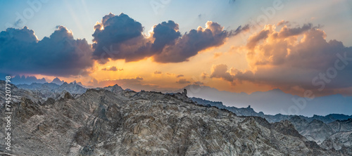 Scenic wide Sunset panorama over Red Sea Hills mountain chain. Very sharp peaks, close up wide photo. Hurghada, Egypt