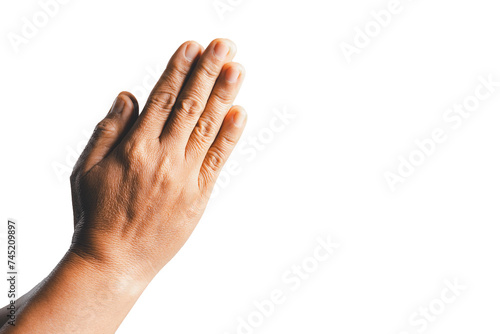 Female hands praying on a white isolated background, Asian woman stands in meditative pose, holds hands in praying gesture, has sense of inner peace, Isolated praying hands, Religion concept.