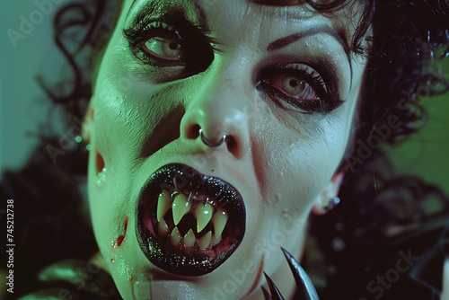 retro vampire horror movie character actress vintage colorized photo, green halloween villain makeup with sharp teeth