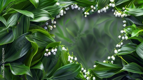 Lily of the valley leves and flowers shaping a heart. 