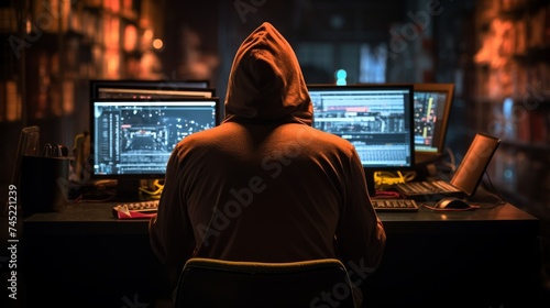 A hacker with hood working on a computer at a desk