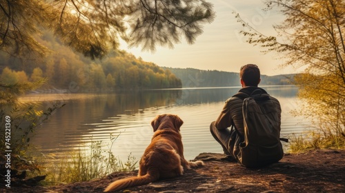 A man sits next to a dog looking at the beautiful lake