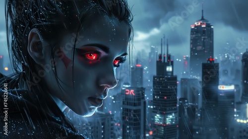 Woman's face with mysterious red eyes on city background
