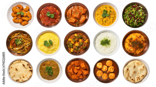 Indian traditional food set, top view. pizza, hummus, biryani, chicken curry, momos, isolated on transparent and white background.PNG image