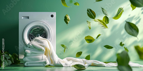 washing machine green eco sustainable ecological environmental friendly, fresh clean natural organic wash white towels laundry, background banner